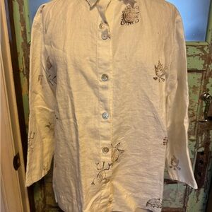 Vintage Linen Chico's Cream Button-Up Top with Animal Print
